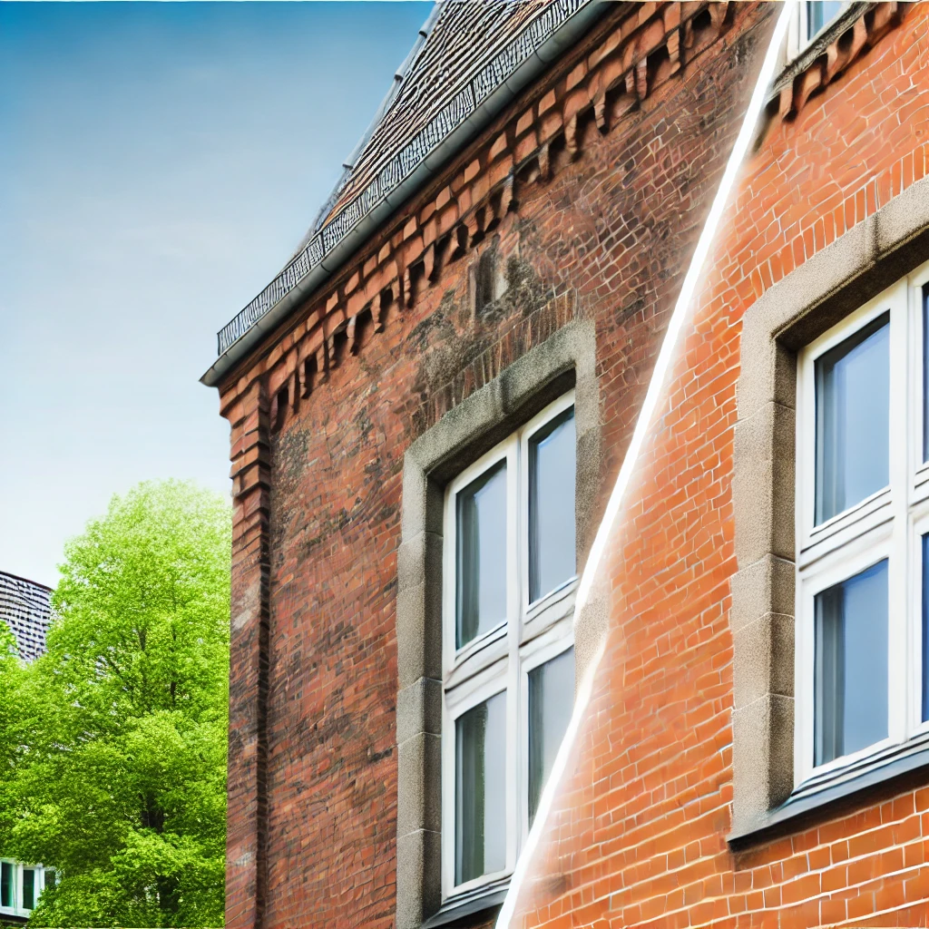 Fassade in Hannover, die den Vorher-Nachher-Unterschied der Reinigung deutlich zeigen.